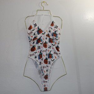 Shein Plus Halloween Pumpkin Print Teddy Bodysuit